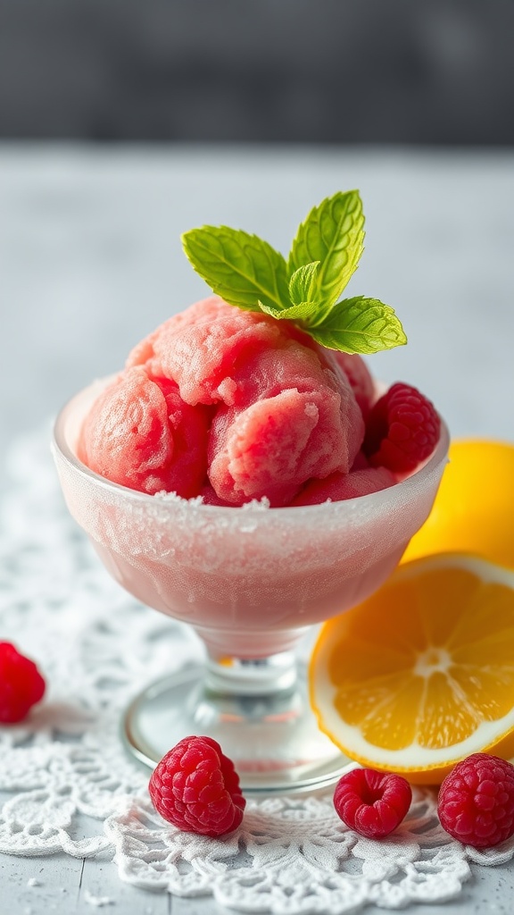 A scoop of raspberry lemonade sorbet served in a lemon half, surrounded by fresh raspberries.