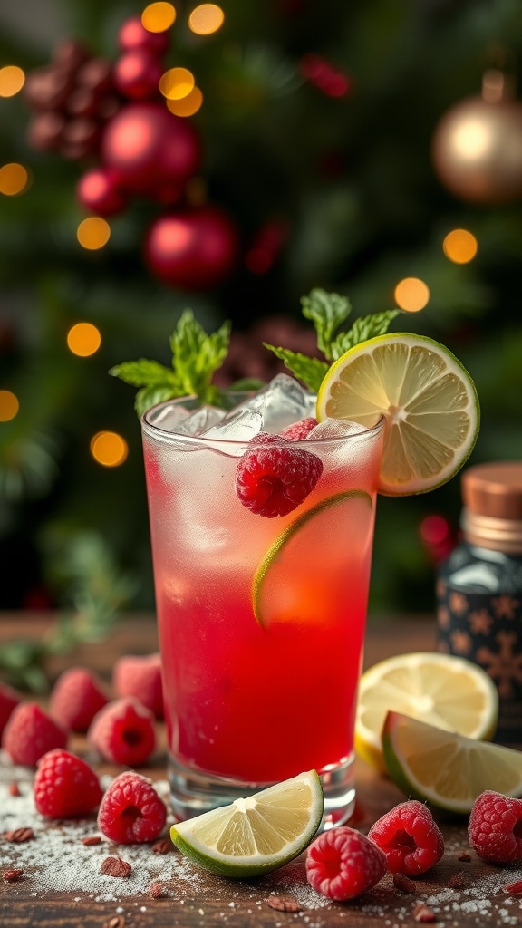 A vibrant Raspberry Lime Rickey cocktail garnished with mint leaves, served with raspberries and lime slices.