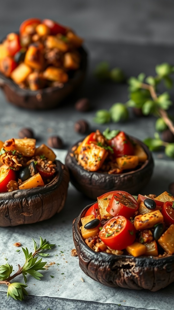 Ratatouille stuffed portobello mushrooms with colorful vegetables.