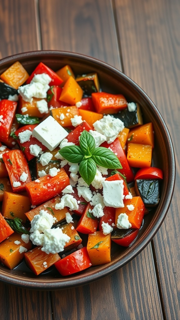 A bowl of ratatouille with feta cheese on top, featuring colorful vegetables like bell peppers and squash.