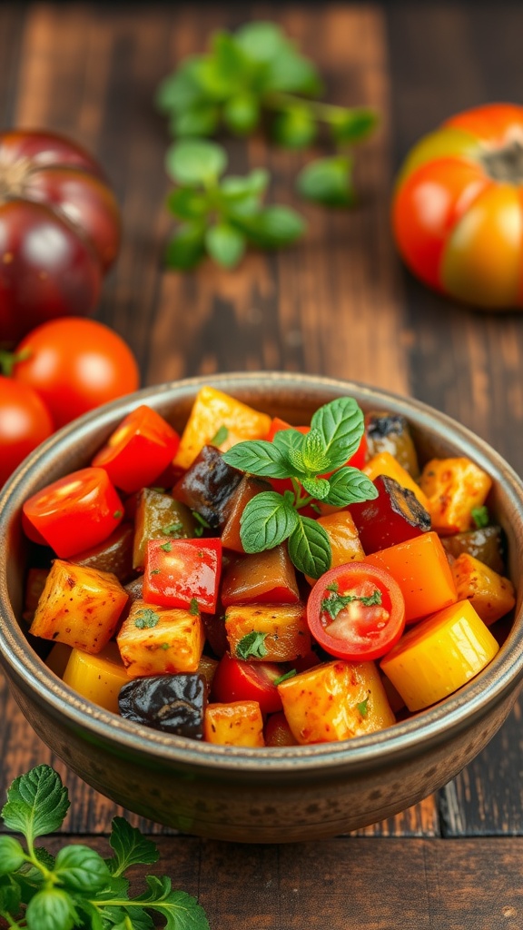 A bowl of ratatouille with fresh herbs and colorful vegetables on a wooden table.