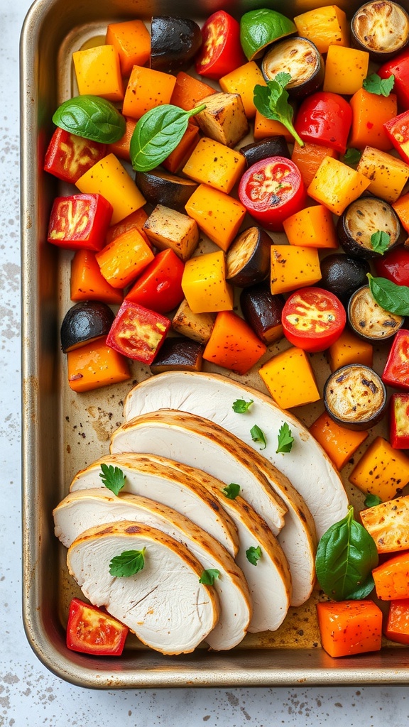 A sheet pan dinner featuring sliced grilled chicken alongside roasted ratatouille vegetables.