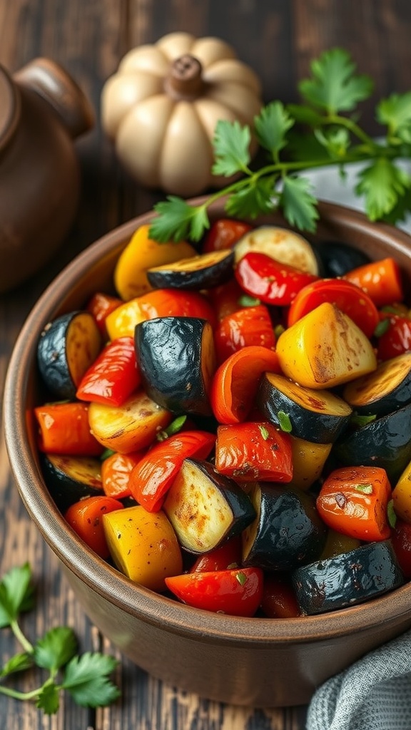 A bowl of ratatouille featuring zucchini, eggplant, and peppers, garnished with parsley.