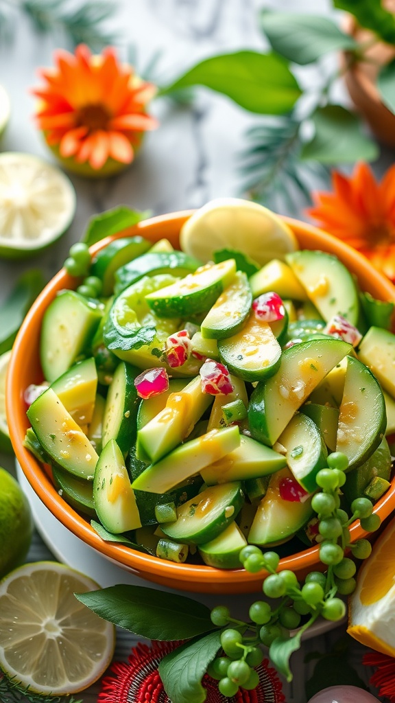 A vibrant bowl of cucumber and avocado salad with lime slices and colorful flowers around it.