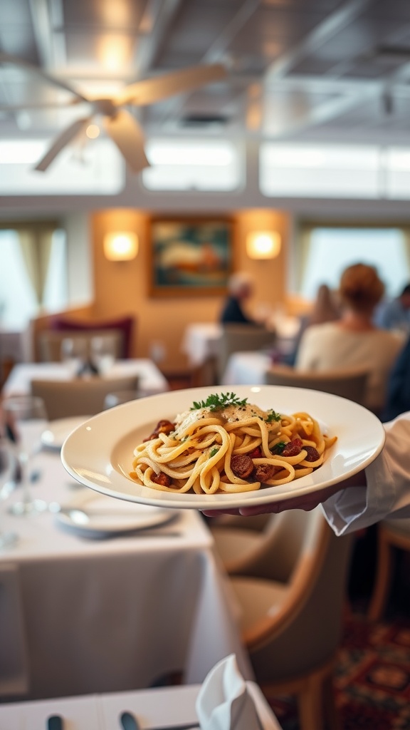 A waiter presenting a plate of pasta in an elegant dining setting.