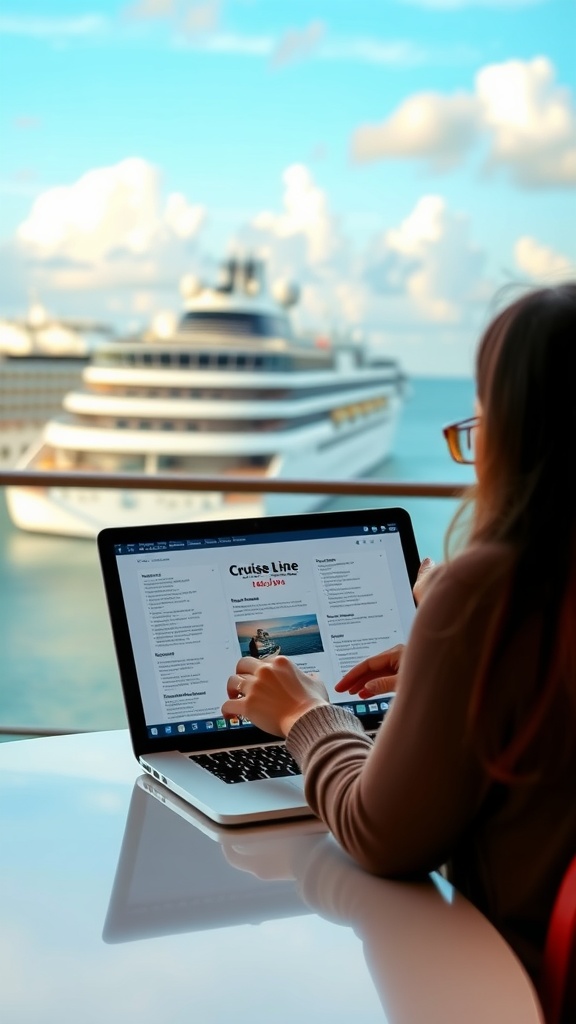 A person looking at a cruise line menu on a laptop with a cruise ship in the background.