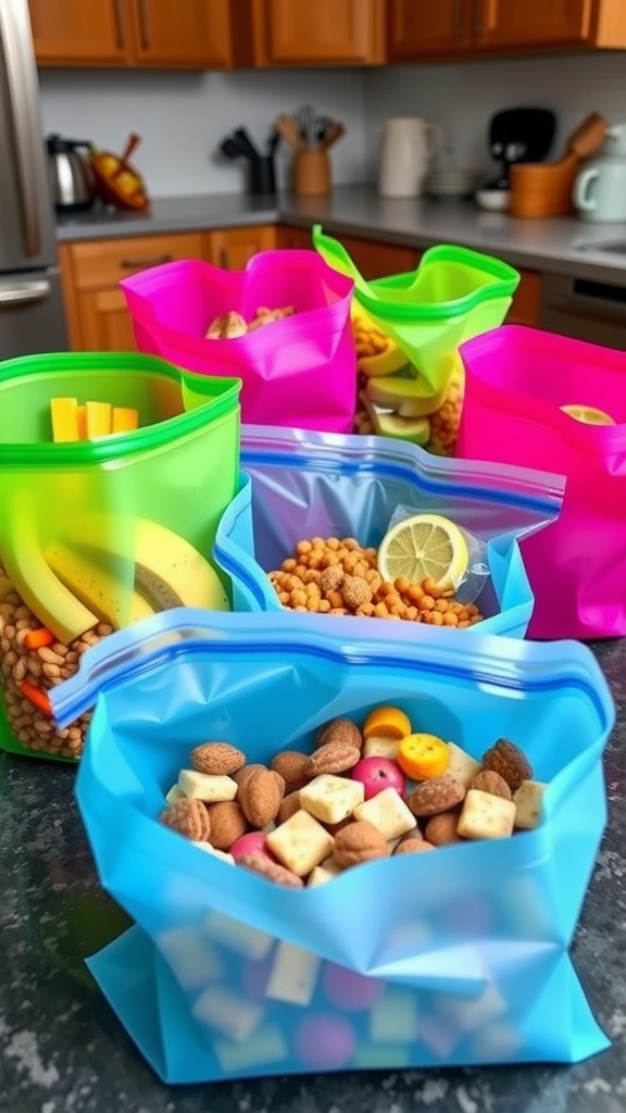 Colorful reusable silicone meal prep bags filled with snacks on a kitchen counter.