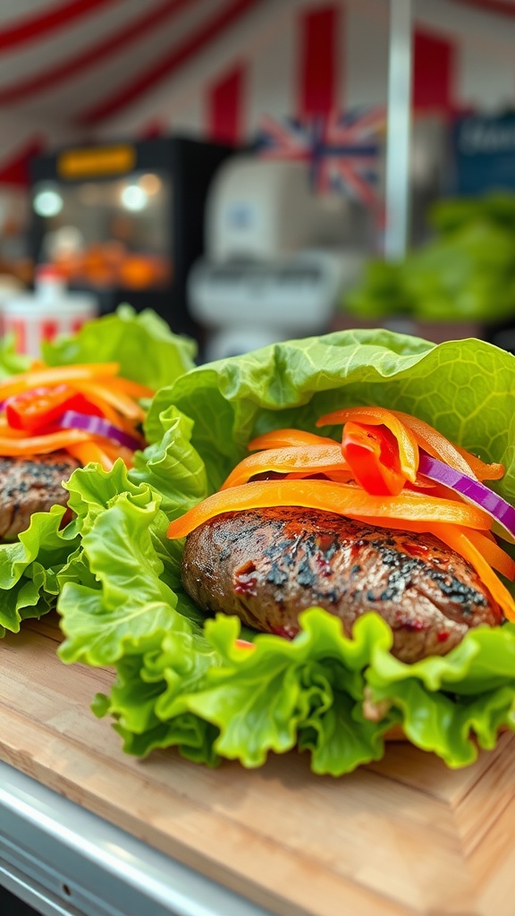 Ribeye steak wrapped in lettuce with colorful peppers and onions on a wooden board.