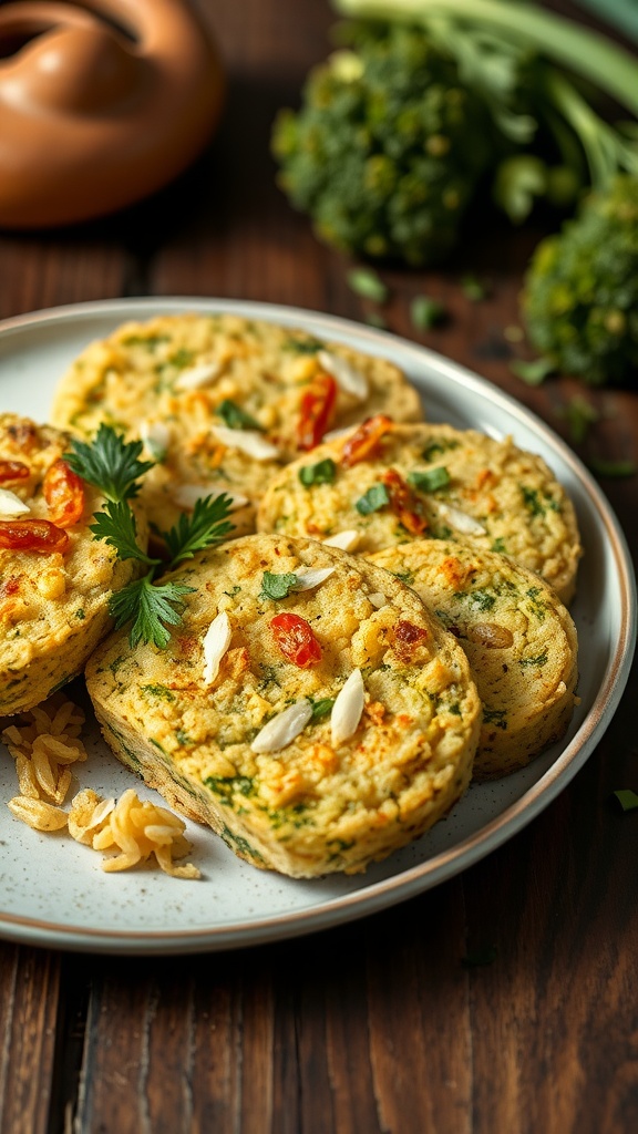 Riced broccoli bread slices on a plate with herbs and spices.