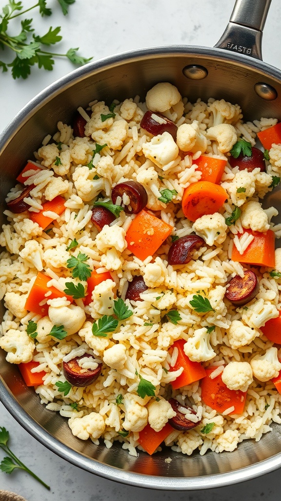 A bowl of riced cauliflower mixed with vegetables like carrots and herbs.