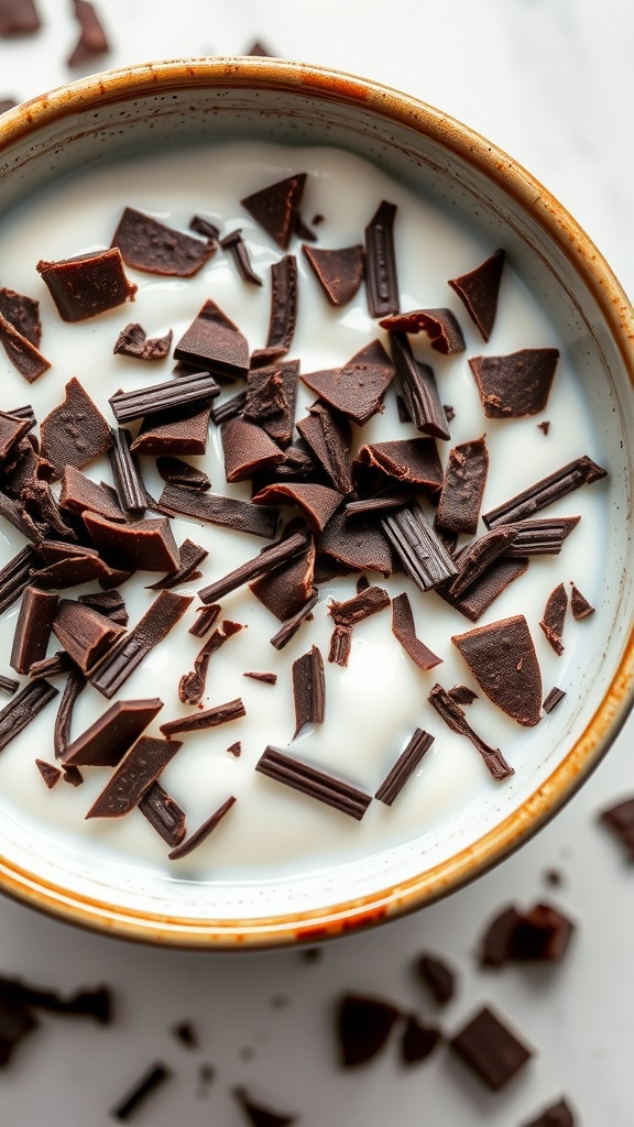 Bowl of yogurt topped with rich dark chocolate shavings