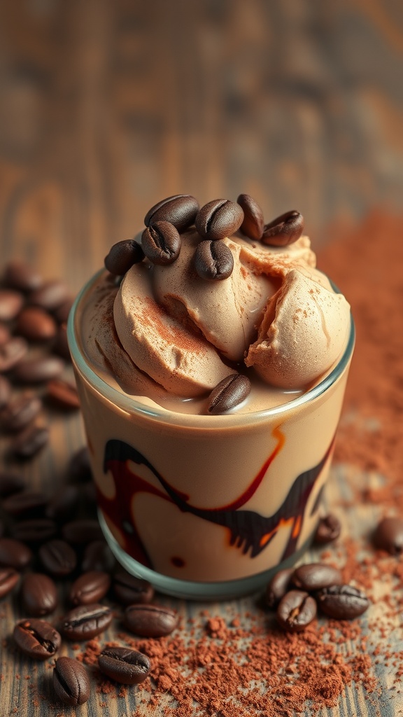 A glass of rich mocha espresso ice cream topped with coffee beans and cocoa powder.