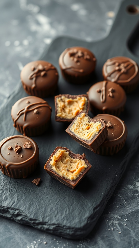 A close-up of rich peanut butter cup fat bombs on a slate board.