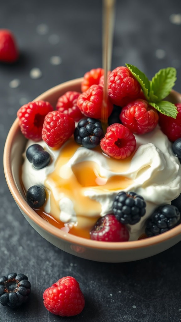 A bowl filled with ricotta cheese, fresh raspberries, blackberries, and blueberries, drizzled with syrup.