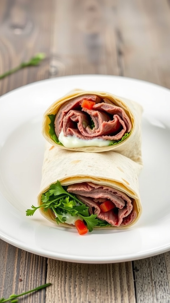 A roast beef and horseradish wrap featuring sliced roast beef, fresh greens, and a tortilla on a plate.