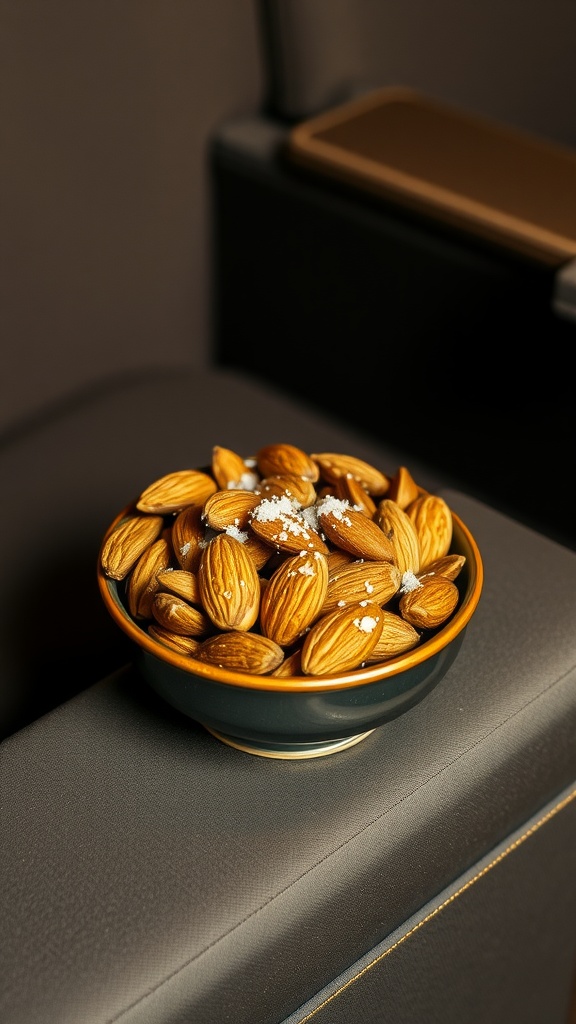 A bowl of roasted almonds sprinkled with sea salt on a seat armrest.