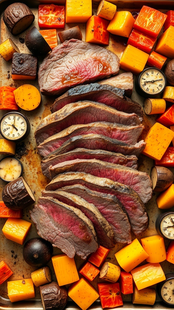 Sliced roasted beef with a variety of colorful vegetables on a baking sheet.