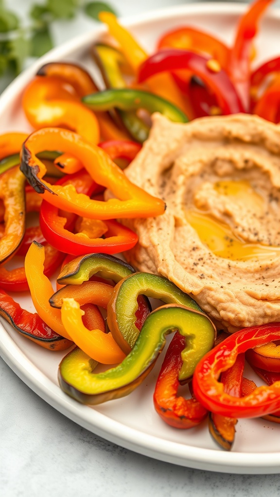 A plate featuring roasted bell pepper strips arranged around a bowl of hummus.