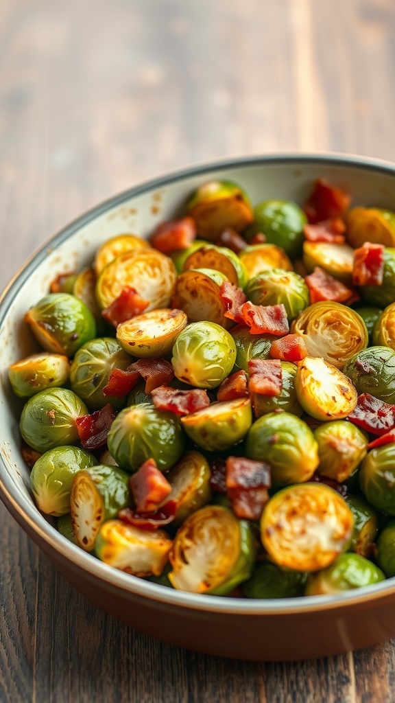 A bowl of roasted Brussels sprouts mixed with crispy bacon.