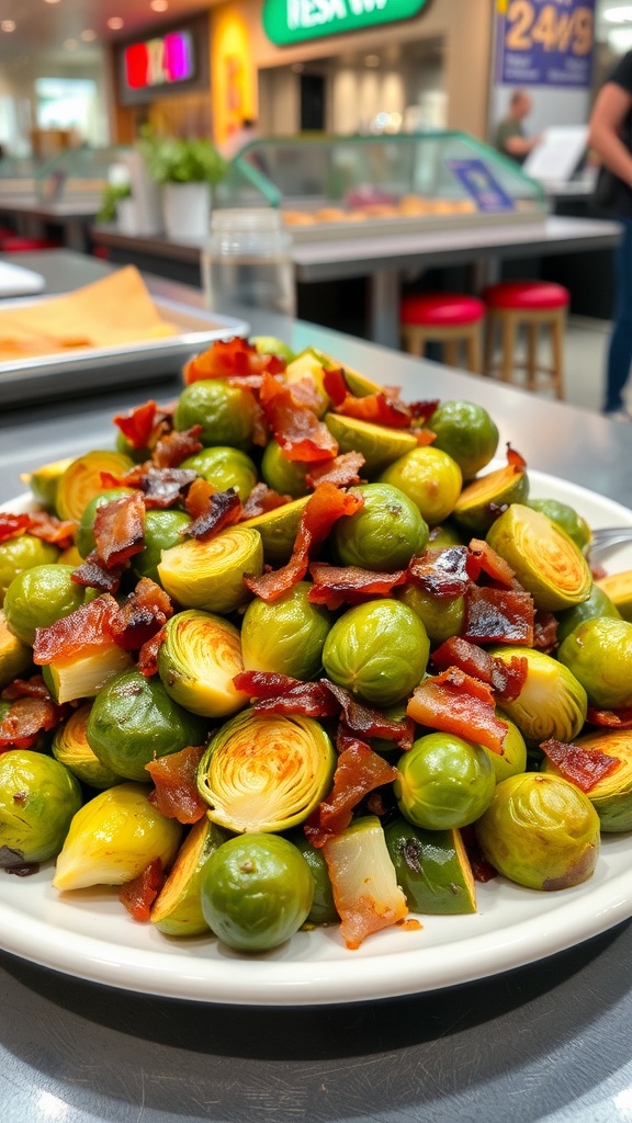 A plate of roasted Brussels sprouts topped with crispy bacon in a food court setting.