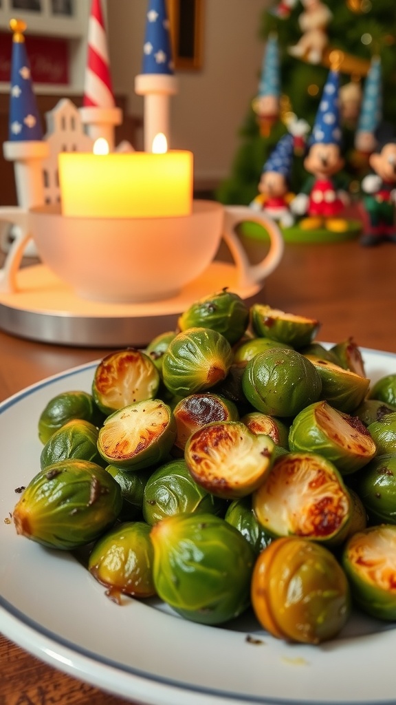 A plate of roasted Brussels sprouts with a candle and festive decorations in the background.