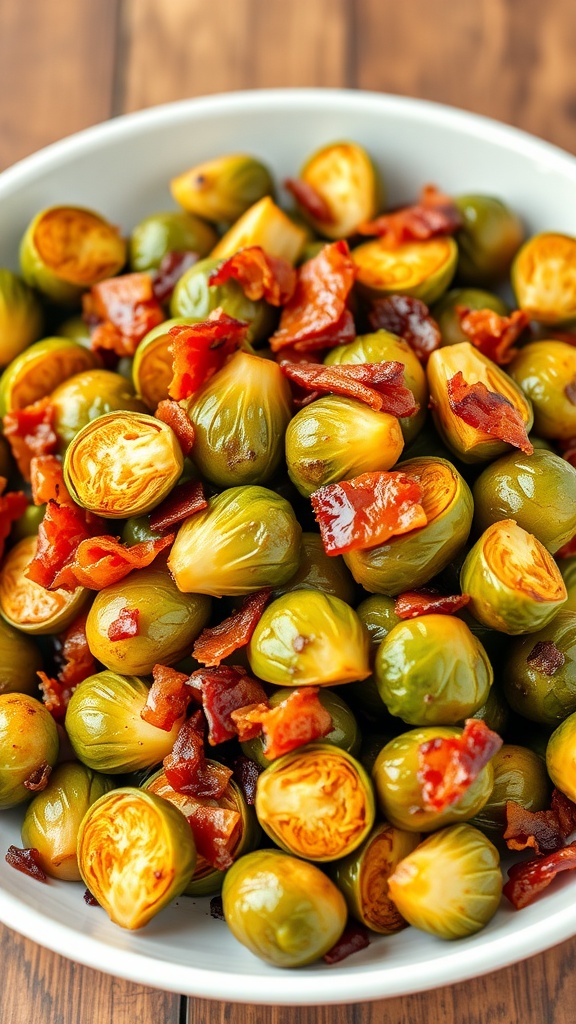 A bowl of roasted Brussels sprouts topped with crispy bacon bits.