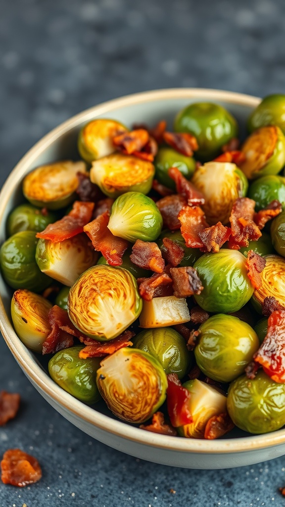 A bowl of roasted Brussels sprouts mixed with crispy bacon pieces.