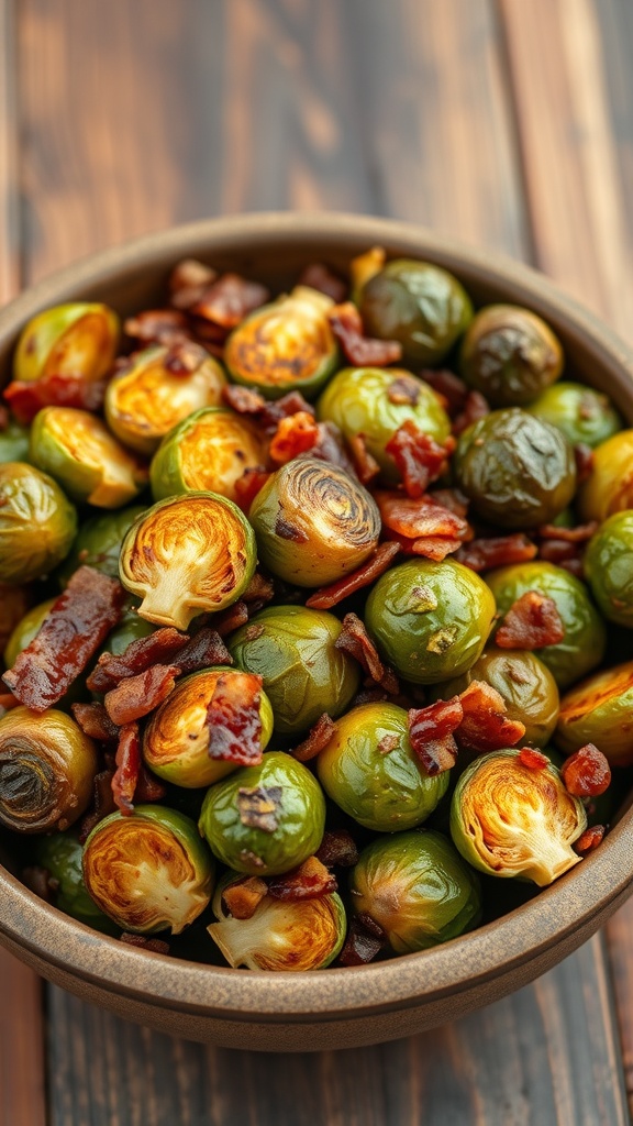 A bowl of roasted Brussels sprouts with crispy bacon pieces.