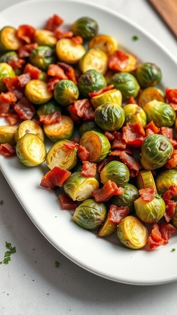 A platter of roasted Brussels sprouts topped with crispy bacon pieces.