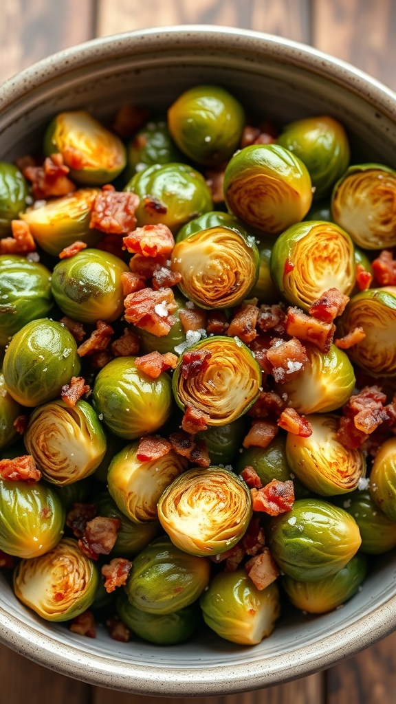 A bowl of roasted Brussels sprouts mixed with crispy bacon pieces.