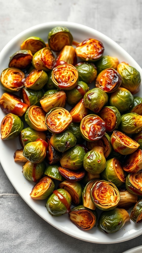 A platter of roasted Brussels sprouts drizzled with balsamic glaze.