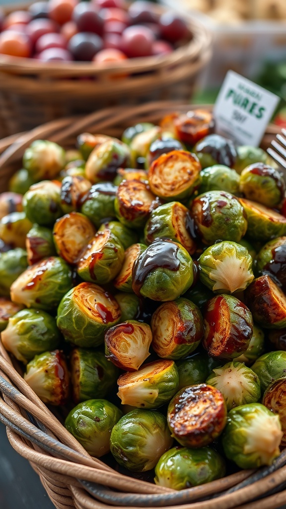 A basket of roasted Brussels sprouts drizzled with balsamic glaze, ready to eat.