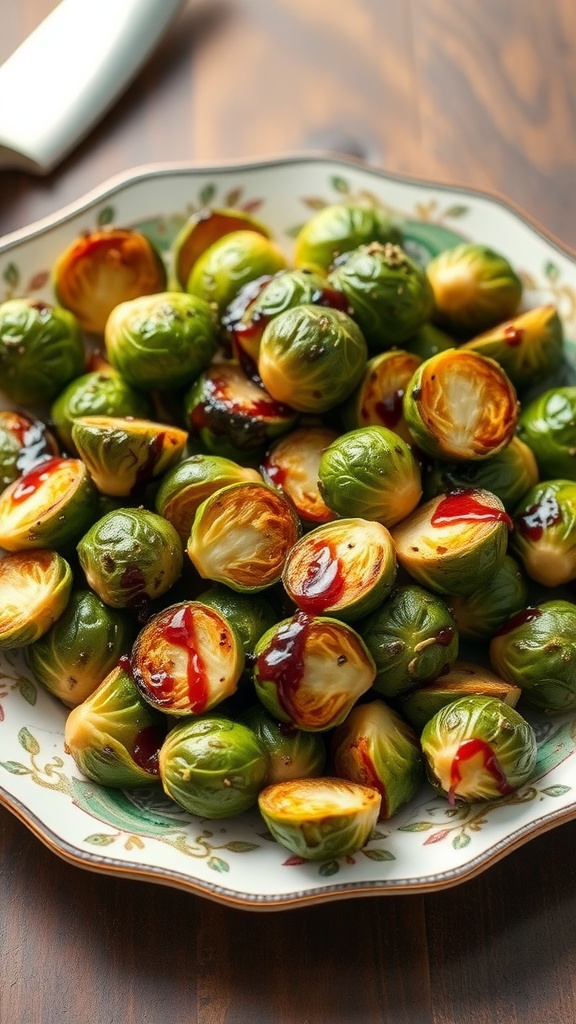 A plate of roasted Brussels sprouts drizzled with balsamic reduction.