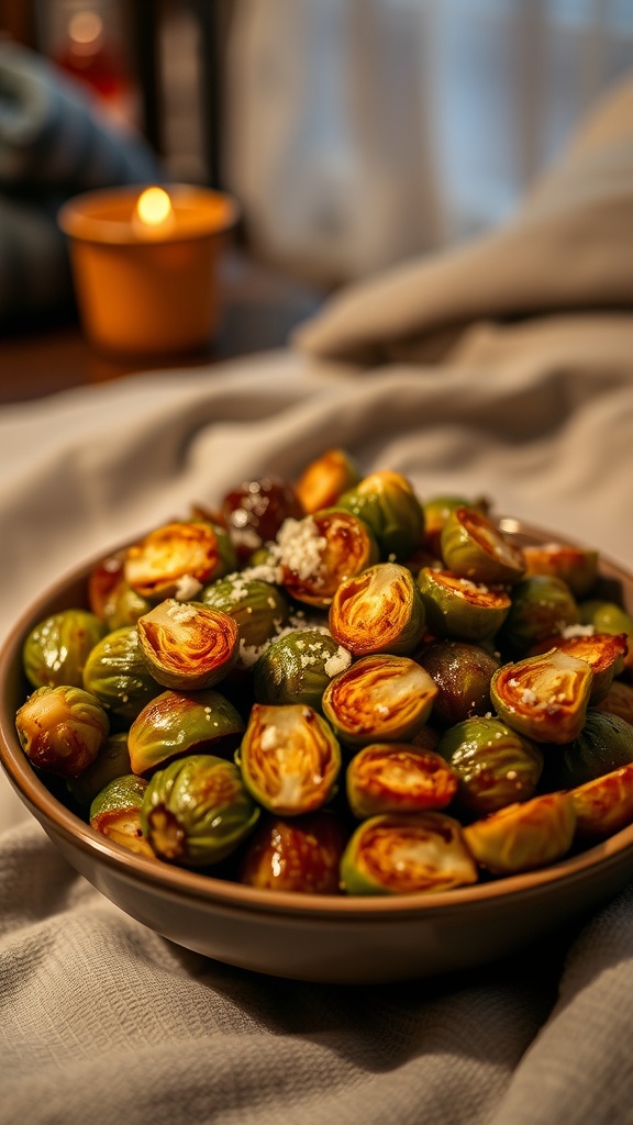 A bowl of roasted Brussels sprouts topped with Parmesan cheese.