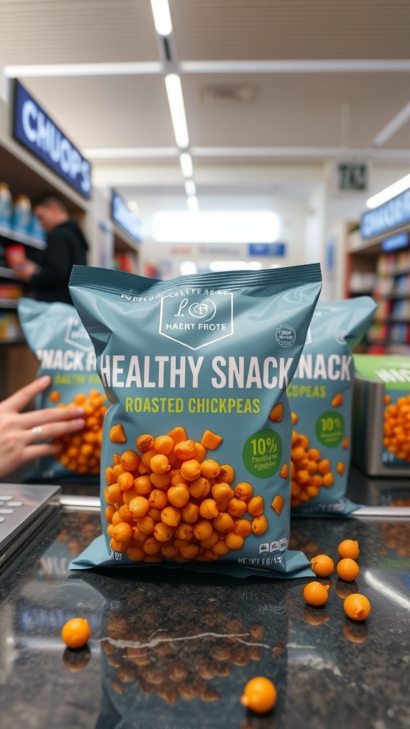 A bag of roasted chickpeas snack pack with chickpeas scattered on a counter in an airport terminal.