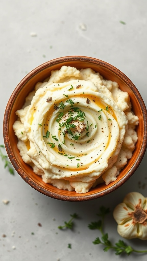 A bowl of creamy roasted garlic mashed cauliflower topped with herbs and a drizzle of olive oil, with a head of garlic beside it.