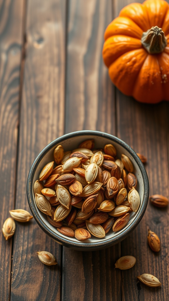 A bowl of roasted pumpkin seeds with a pumpkin in the background on a wooden table.