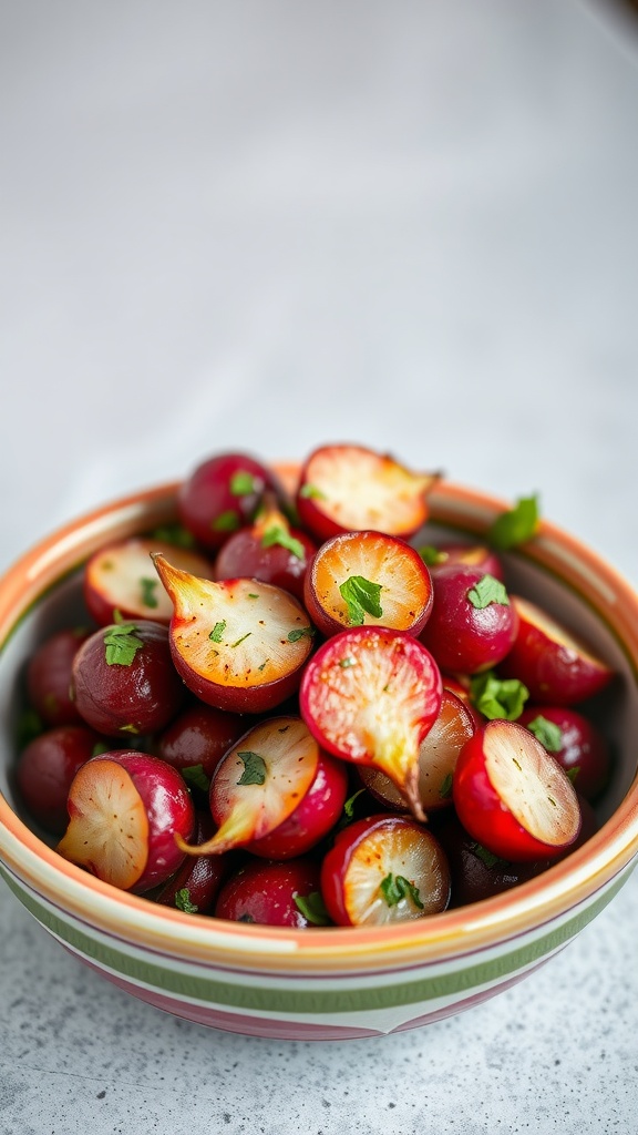 A bowl of roasted radishes garnished with herbs.