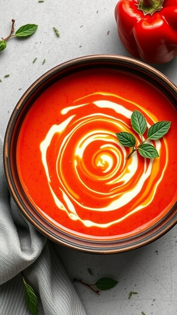 A bowl of creamy roasted red pepper and goat cheese soup with a swirl of cream and fresh herbs on top.