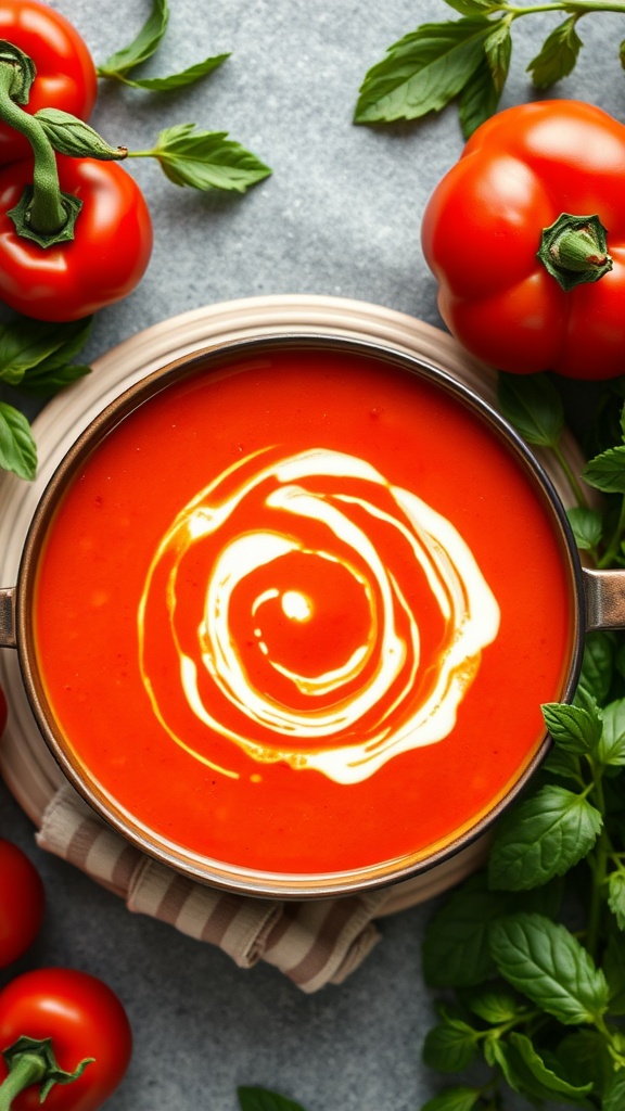 A bowl of roasted red pepper and tomato soup garnished with a swirl of cream, surrounded by fresh tomatoes and basil.