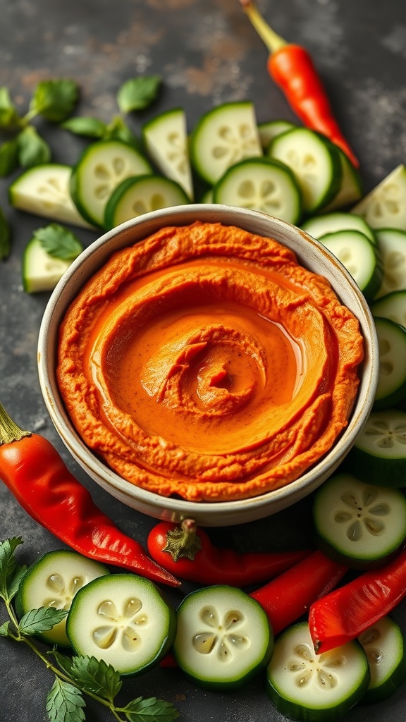 A bowl of roasted red pepper hummus surrounded by cucumber slices and red chili peppers.