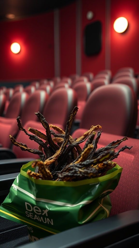 A pack of roasted seaweed snacks in a movie theater setting