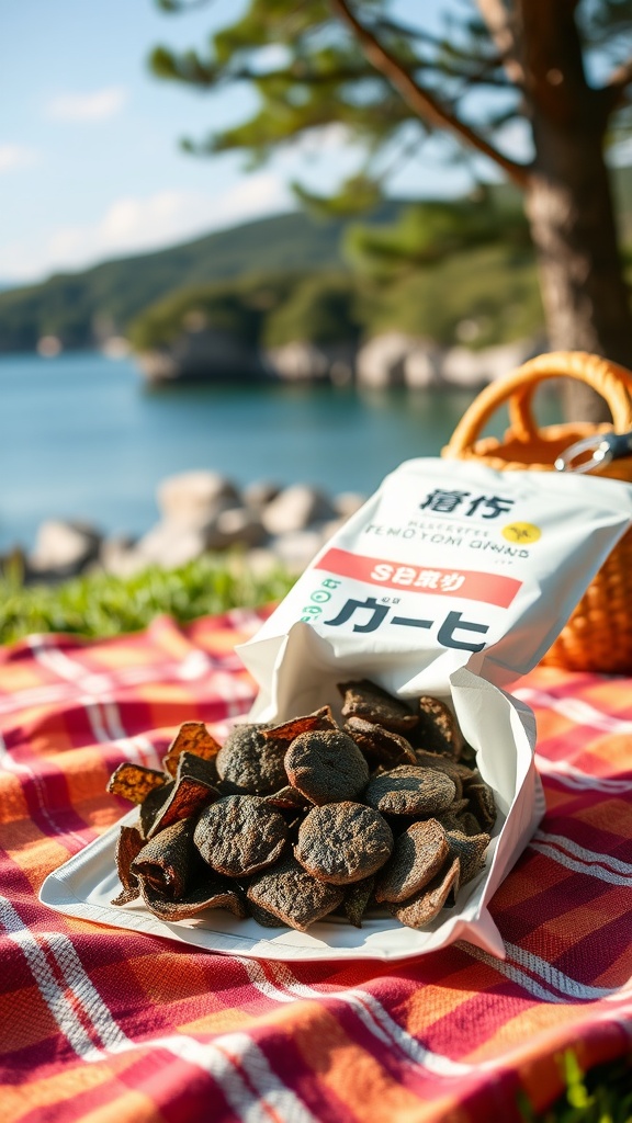 A box of roasted seaweed snacks placed on a picnic blanket with a scenic view of the ocean.