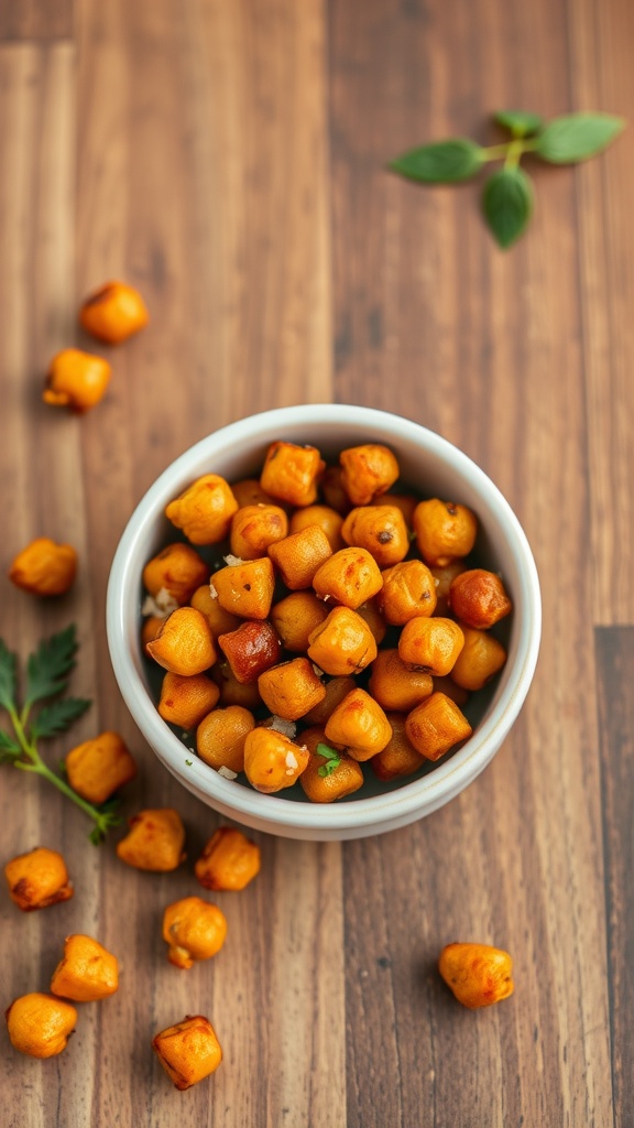 A bowl of roasted spiced chickpeas on a wooden surface.