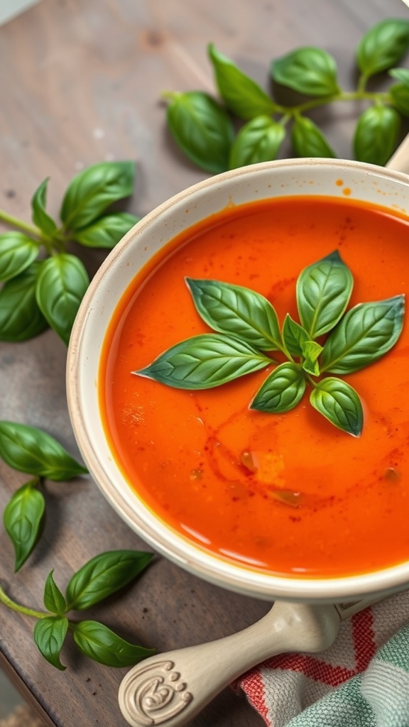 A bowl of roasted tomato basil soup garnished with fresh basil leaves.