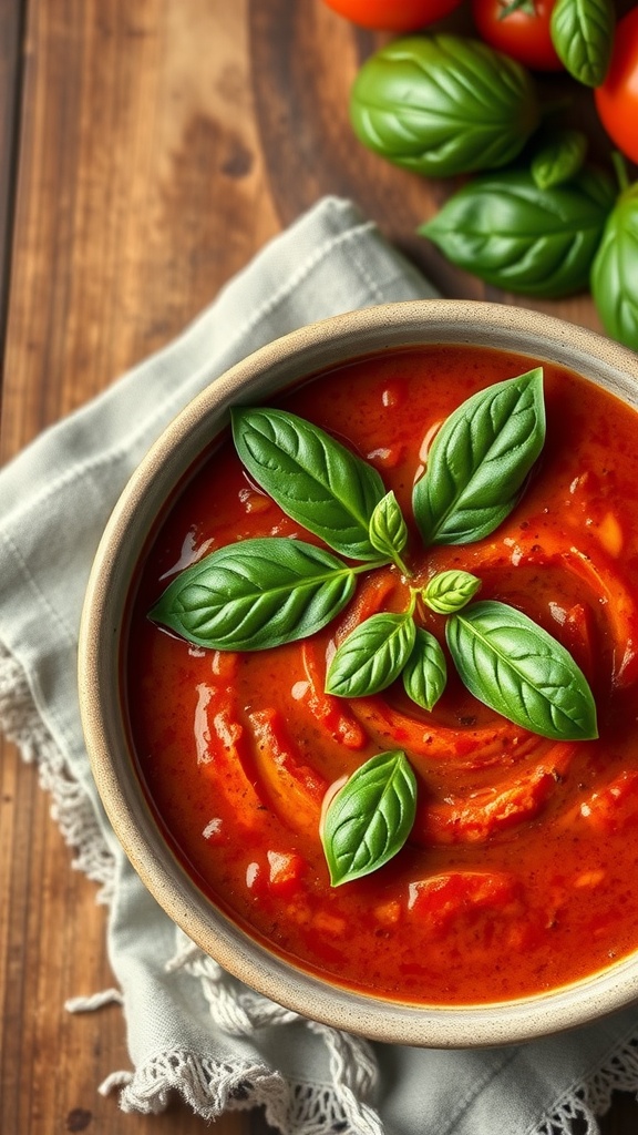 A bowl of roasted tomato basil soup garnished with fresh basil leaves.