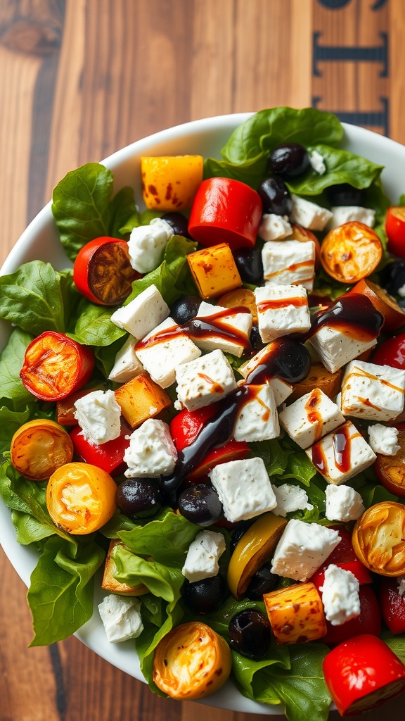 A vibrant salad with roasted vegetables, feta cheese, and greens.