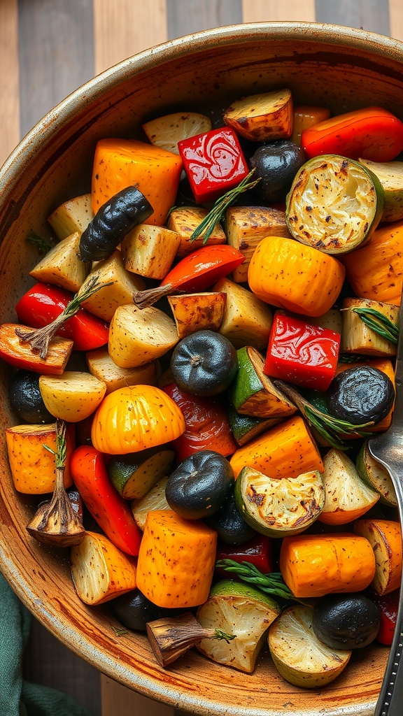 A bowl of roasted vegetables including squash, bell peppers, and potatoes.