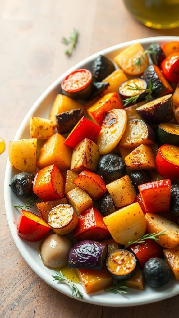 A colorful medley of roasted vegetables including zucchini, bell peppers, and onions.