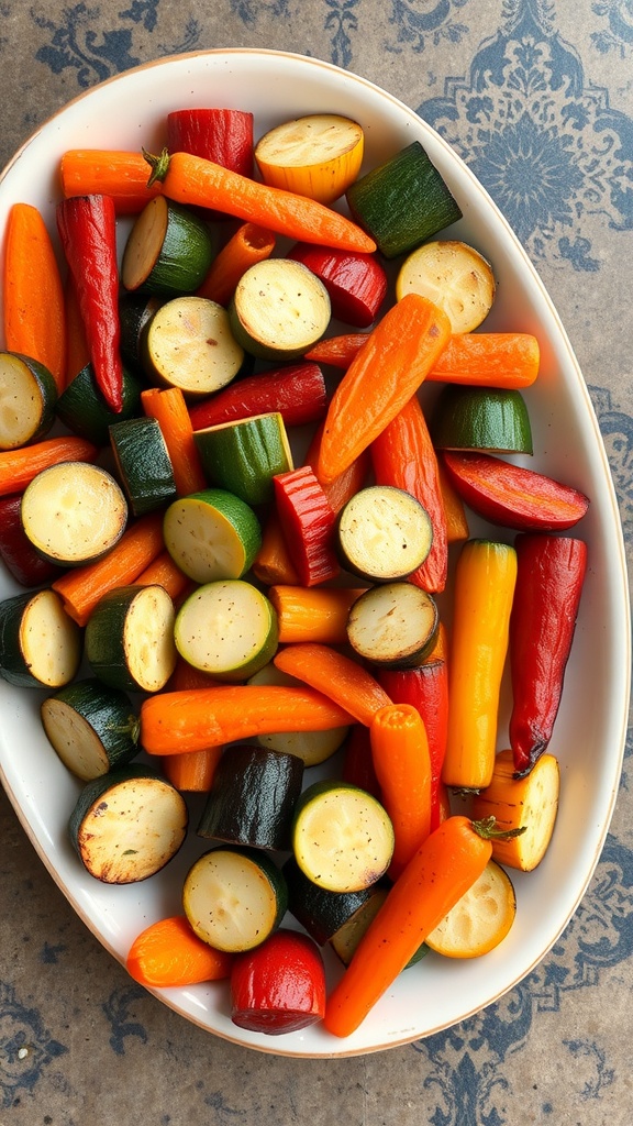 A vibrant medley of roasted vegetables including zucchini, carrots, and bell peppers in a white serving dish.